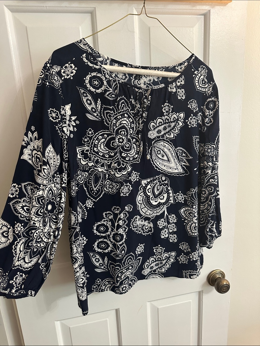Talbots Navy and White Paisley Peasant Blouse